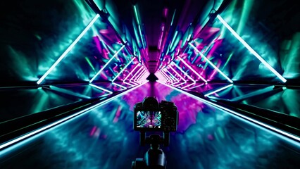 Modern dslr camera recording a futuristic corridor illuminated by glowing neon lights and filled with smoke, creating a vibrant and surreal atmosphere