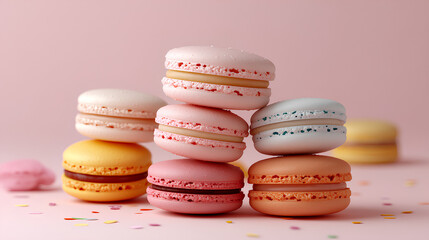 Fototapeta premium A stack of colorful macarons in pastel shades of pink, yellow, and blue on a soft pink background, with scattered sprinkles adding a festive and sweet touch