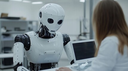 Humanoid Robot and Scientist Collaborating on a Project in a Modern Lab