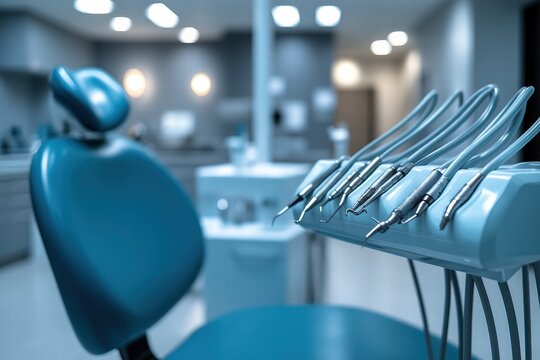 Dentist instruments arranged neatly near a dental chair in a modern clinic setting