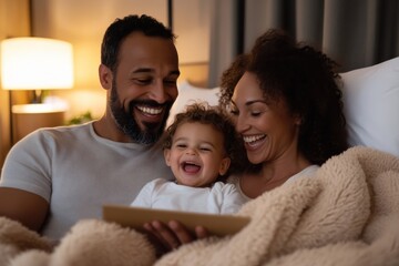 Fototapeta premium A joyful family sits snuggled together on a bed, sharing smiles and laughter as they enjoy a movie night, demonstrating the value of love, connection, and togetherness.