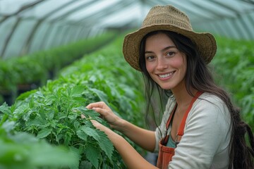 Female farmer examining healthy crops in a greenhouse during daylight hours