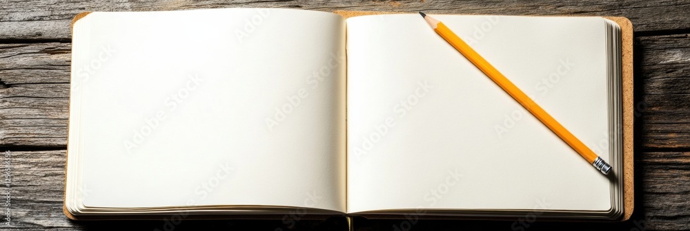 Leinwandbilder open notebook with a pencil on a bright wooden desk inviting creativity and ideas in a spacious work