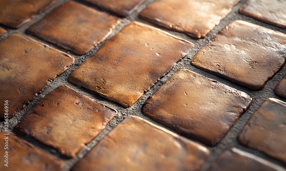 Poster close-up view of weathered brown rectangular tiles arranged in a grid pattern
