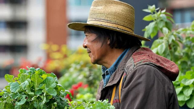 A dedicated Native American man nurtures a vibrant rooftop garden, showcasing sustainable practices and cultural roots in the urban landscape.
