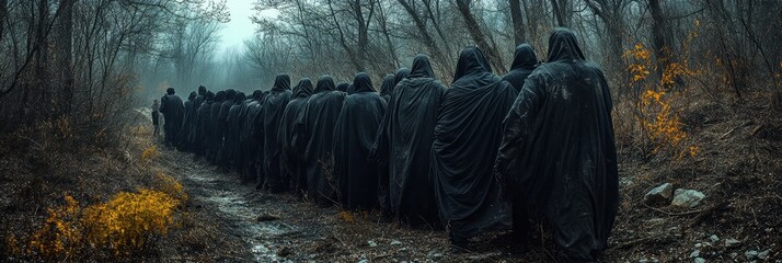 Group of cloaked figures moving through a misty forest in autumn