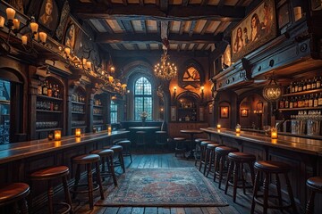 Obraz premium Whimsical Fantasy Setting of an Ancient Dimly Lit Alehouse