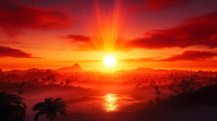 Vivid sunset casts warm light over the vast savannah enhancing the peaceful landscape filled with silhouettes of trees and distant hills