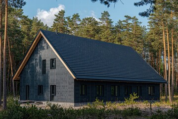 Obraz premium New building with dark gray tiles nestled among tall trees in a serene forest setting