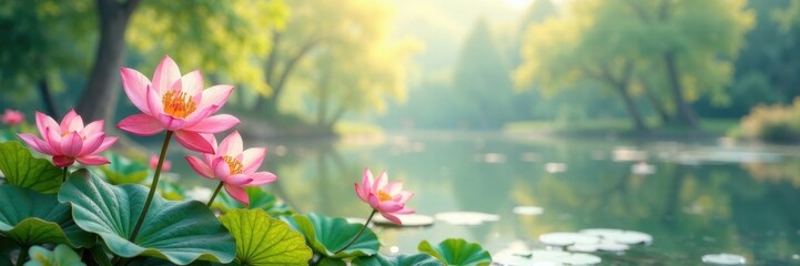 Obraz premium Soft watercolor lily flowers in a serene landscape , vector, watercolor