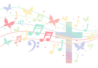 Fototapeta premium Colorful christian cross with music notes. Religion themed bright colorful background for gospel church music, choir singing, concert, festival, Christianity, prayer. Design with music notes, cross