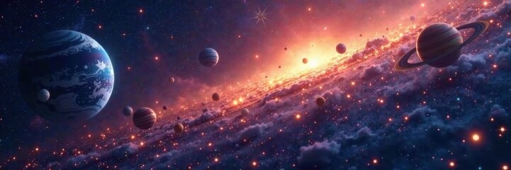 Obraz premium Stellar system with glowing stars and planets, light year, galaxy formation