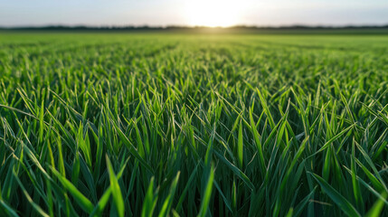 Fototapeta premium A close-up of lush green grass illuminated by the rays of the sun