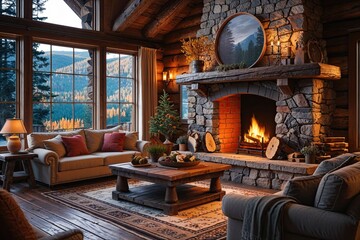 Rustic Lodge Concept Art Featuring Cozy Warm Ambience and Traditional Hearth Design