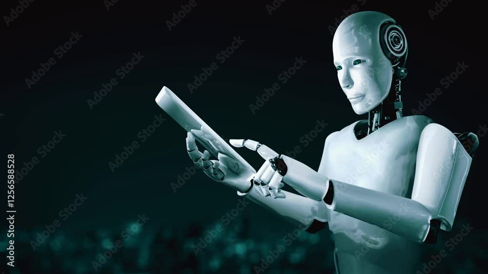 Poster robot hominoid using tablet computer for big data analytic using ai thinking brain , artificial inte