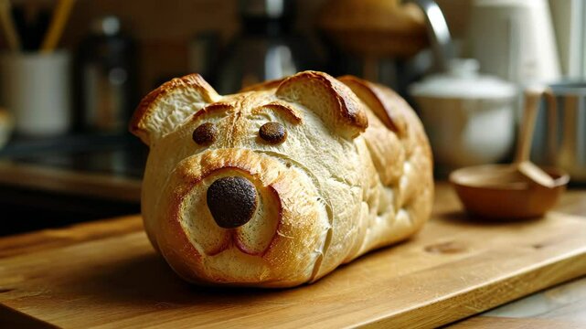 Unique bread loaf resembling an dog resting on a wooden table, Ai Generated