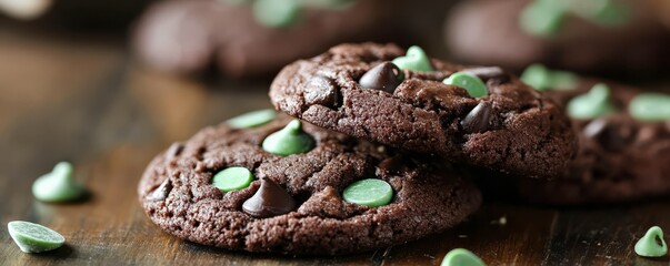 Close-up of chocolate mint chip cookies on rustic wooden surface