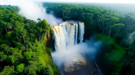 Fototapeta premium Water cascades down the waterfall surrounded by vibrant green rainforest. The lush landscape creates a serene environment reflecting nature's beauty. A dynamic setting teeming with life