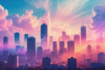 Obraz premium Vibrant City Skyline with Hazy Ozone and Ethereal Colors in Motion