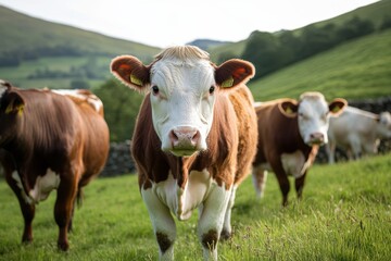Cows grazing peacefully on a lush green pasture during a sunny summer afternoon
