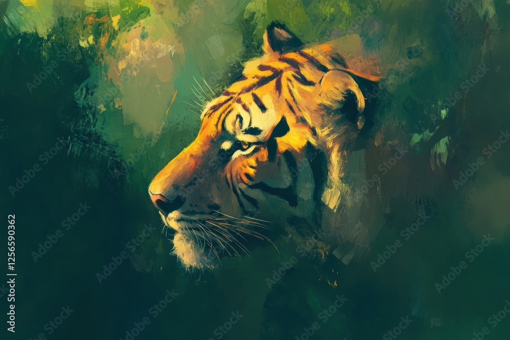 Poster vibrant impressionist tiger portrait set against a lush jungle background with ample space for creat