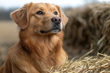 Obraz premium Farm dog resting quietly against a backdrop of hay bales in a countryside setting