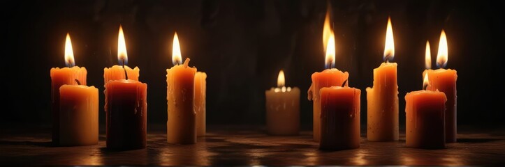 dramatic burning candles cast eerie shadows on the dark background, moody, shadow, flame