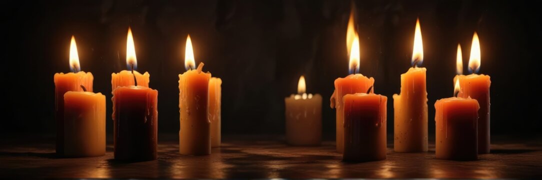 dramatic burning candles cast eerie shadows on the dark background, moody, shadow, flame