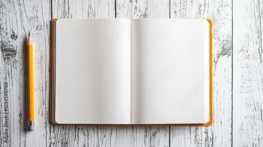 Leinwandbilder Open notebook and pencil on bright wooden desk with spacious area for writing ideas or making notes. Generative AI