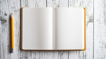 Open notebook and pencil on bright wooden desk with spacious area for writing ideas or making notes. Generative AI