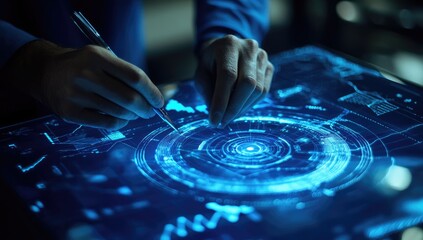 Interactive Design in a Futuristic Interface  Hands Interacting with a Holographic Projection Display System