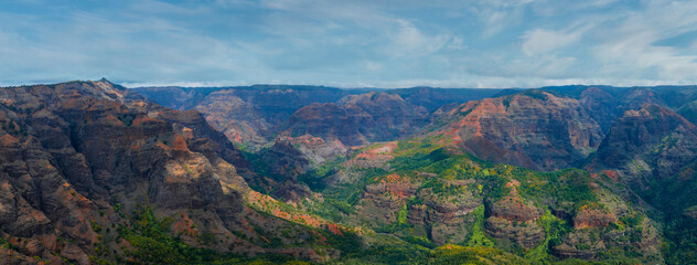 Aerial view of Waimea Canyon on Kauai Island, Hawaii, featuring vibrant red, green, and brown cliffs, deep valleys, and lush vegetation under an open sky.