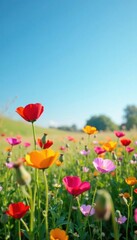 Blooming wildflowers in a field under clear blue sky, field, bloom