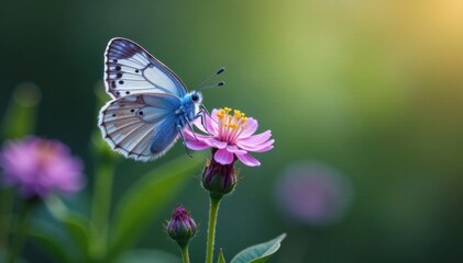 Naklejka premium Blue butterfly perched on a flower stem, insects, flower, nature