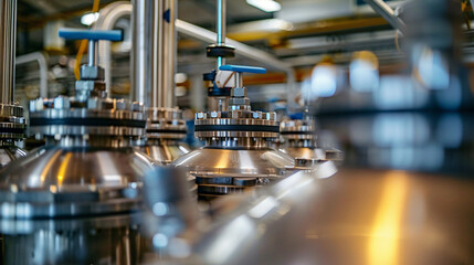 Fototapeta premium Close-up of chemical production machines, showcasing sleek metallic surfaces and pipes, creating an aura of strength and calmness in the clean environment. 