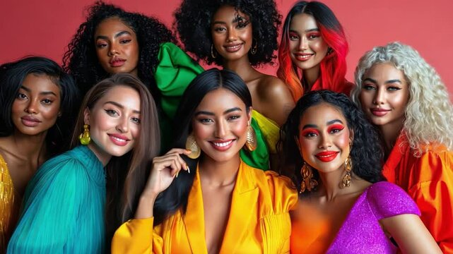 Rainbow of Beauty: A vibrant and diverse group of women radiate beauty and confidence, united by their individuality and the vibrancy of their colorful attire.