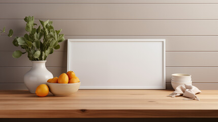 Contour, cadre décoratif en bois pour mock-up, conception et création graphique. Avec éléments décoratifs autour. Intérieur d'une maison. Arrière-plan blanc, épuré, vide. 