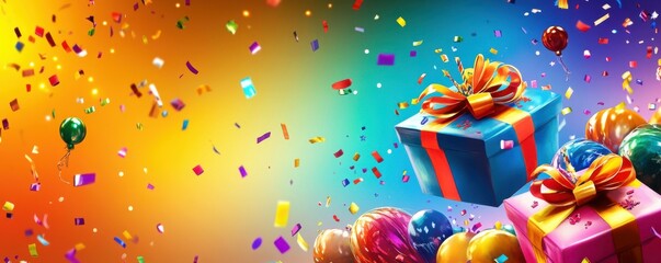 Colorful celebration scene with gift boxes, balloons, and falling confetti