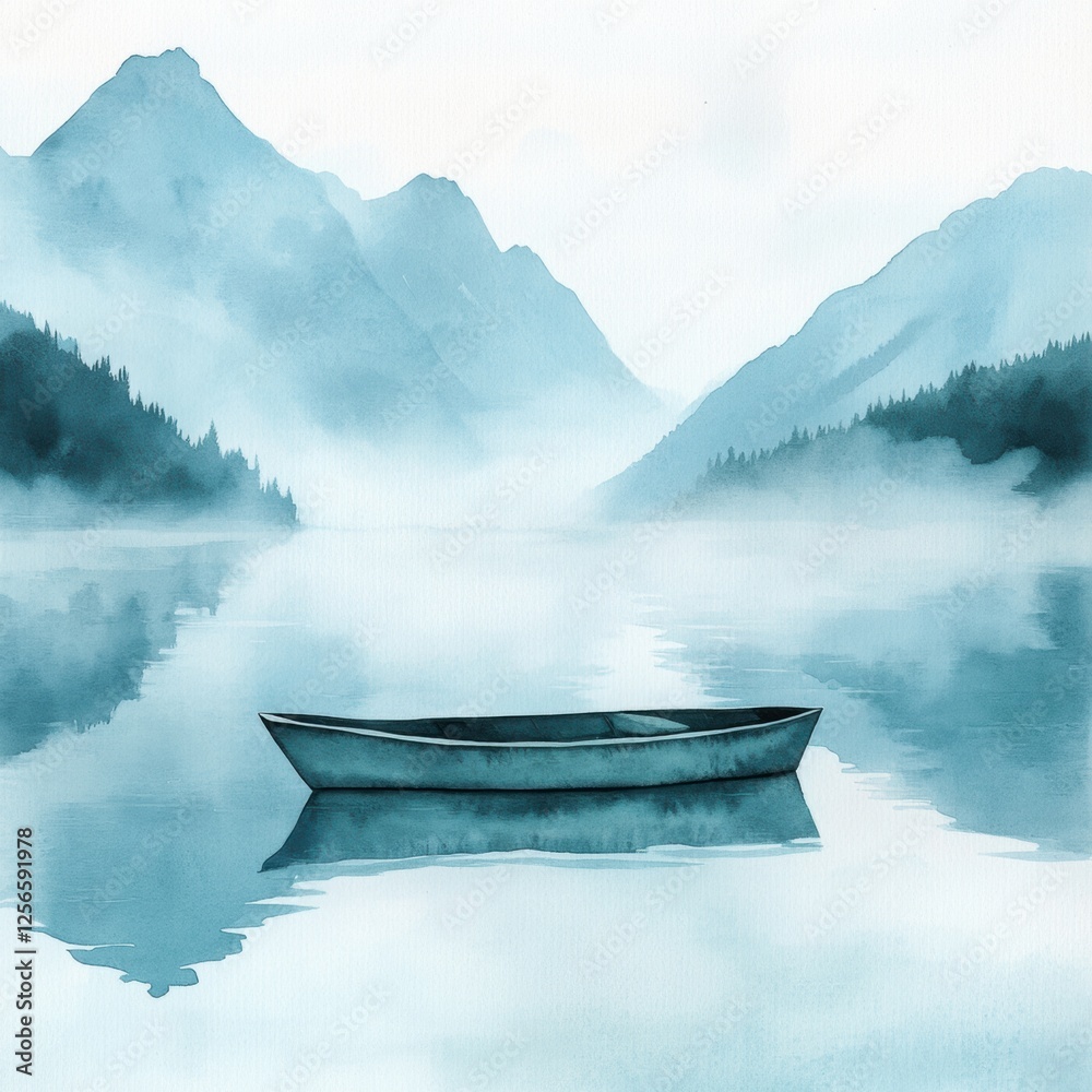 Leinwandbilder serene watercolor illustration of a rowboat on a calm mountain lake with a tranquil atmosphere and e