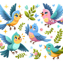 Obraz premium Cheerful flying birds. Cartoon bird set in fly motion isolated on white background, happy garden movement little birdie vector illustrations 