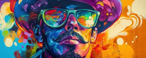Naklejka premium Colorful artistic portrait of a young male wearing sunglasses and a hat