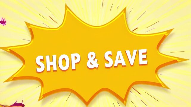 Shop and save text on yellow background, bold typography, bright and eye-catching design, budget-friendly message concept of retail, discounts, sale events

