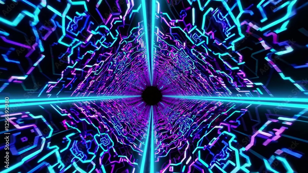 Wall mural bright neon lines creating a digital tunnel in cyberspace, forming a vibrant and futuristic vj loop 