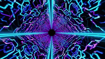 Bright neon lines creating a digital tunnel in cyberspace, forming a vibrant and futuristic vj loop background ideal for music videos and stage visuals