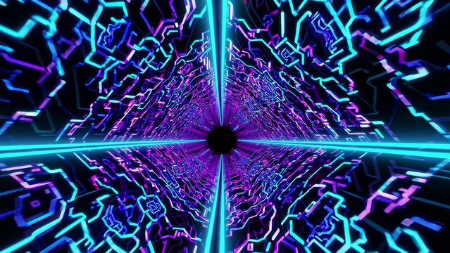Bright neon lines creating a digital tunnel in cyberspace, forming a vibrant and futuristic vj loop background ideal for music videos and stage visuals