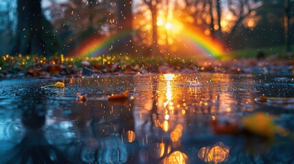 Obraz premium A vibrant rainbow arches over a serene park pathway after rain, with colorful leaves scattered on the ground