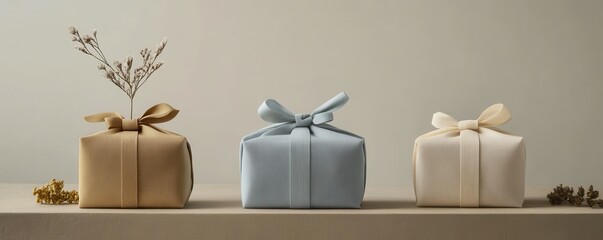 Three elegant gift boxes wrapped in beige, blue, and cream fabric with delicate floral accents