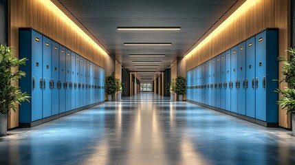 This vibrant school hallway features blue lockers and sleek wooden accents, creating a modern and inviting atmosphere for students and staff alike.