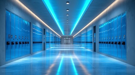 This futuristic school corridor with blue accents and modern lockers creates a sleek, high-tech environment that promotes learning and collaboration among students.