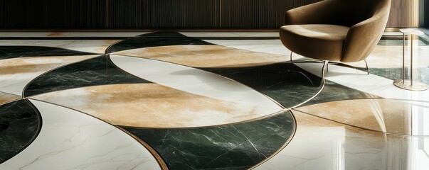 Modern geometric marble floor design with brown chair in elegant room